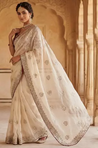 women's rust satin silk blend partywear saree with unstitched blouse