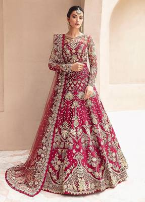 Maroon net semi stitched anarkali suit with embroidery & stone work 1