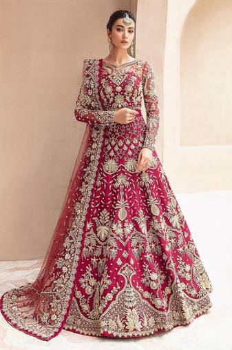 Maroon net semi stitched anarkali suit with embroidery & stone work