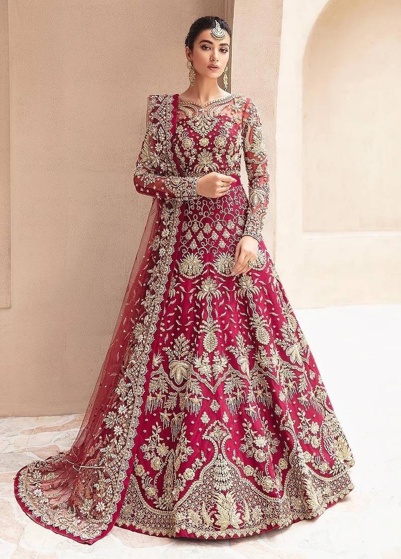 Maroon net semi stitched anarkali suit with embroidery & stone work