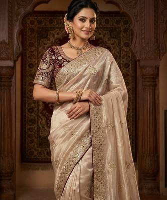 Women's rust satin silk partywear saree with unstitched blouse 3