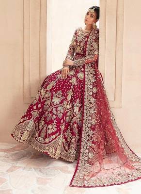 Maroon net semi stitched anarkali suit with embroidery & stone work 2