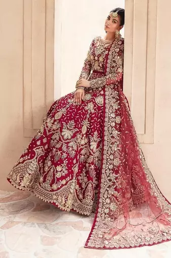 Maroon net semi stitched anarkali suit with embroidery & stone work