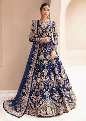 Navy net semi stitched anarkali suit with embroidery & stone work 1