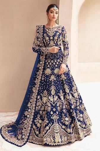Navy net semi stitched anarkali suit with embroidery & stone work