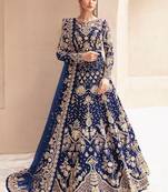 Navy net semi stitched anarkali suit with embroidery & stone work