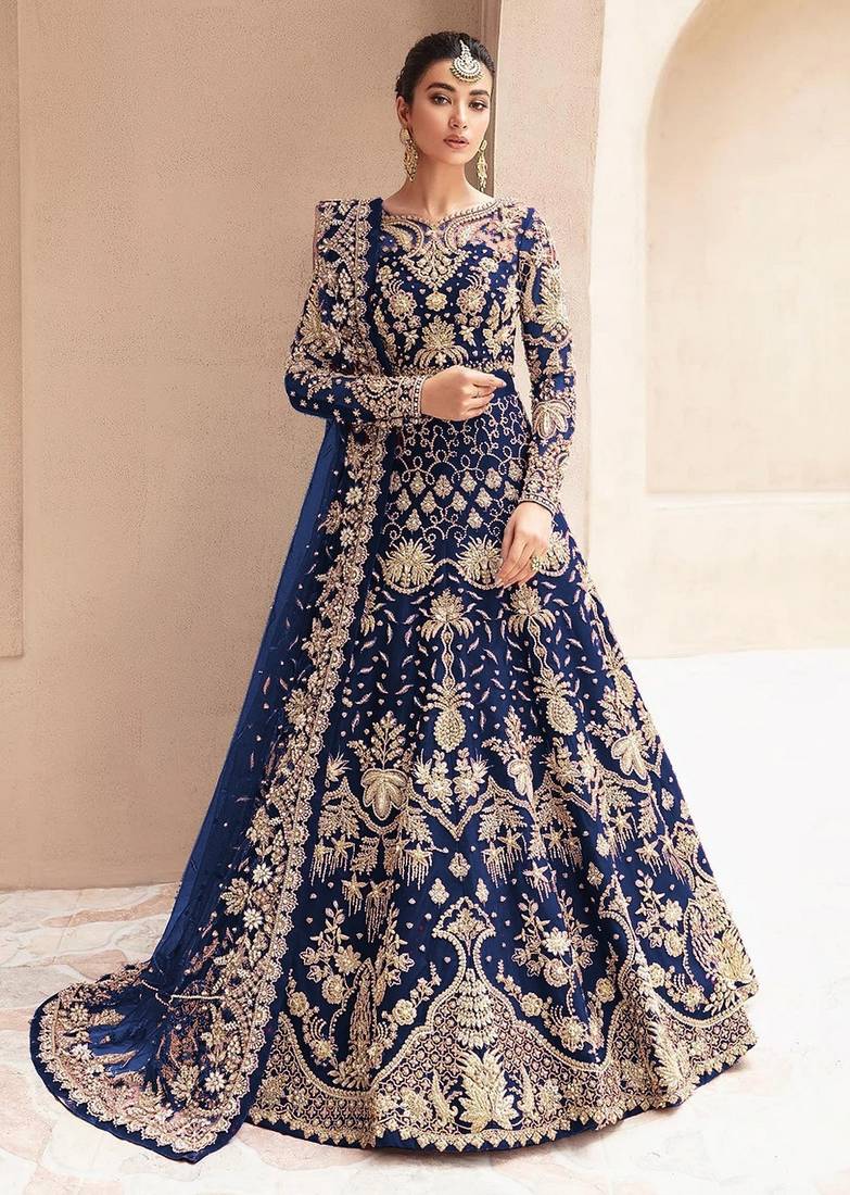 Navy net semi stitched anarkali suit with embroidery & stone work