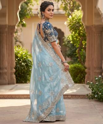 Women's skyblue satin silk partywear saree with unstitched blouse 2