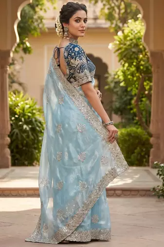 women's skyblue satin silk blend partywear saree with unstitched blouse