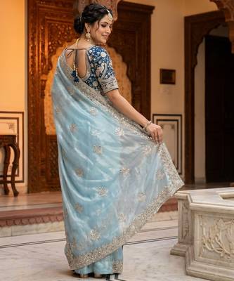 Women's skyblue satin silk partywear saree with unstitched blouse 3