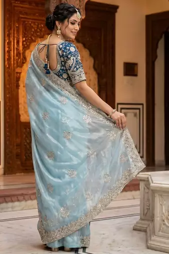 women's skyblue satin silk blend partywear saree with unstitched blouse