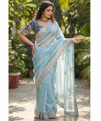 Women's skyblue satin silk partywear saree with unstitched blouse 1