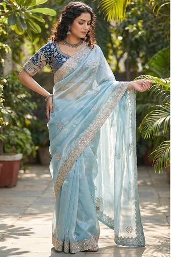 women's skyblue satin silk blend partywear saree with unstitched blouse