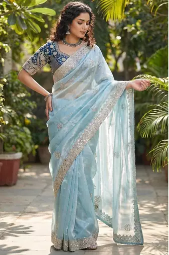 women's skyblue satin silk blend partywear saree with unstitched blouse