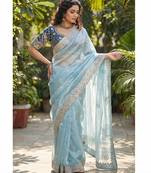 Women's skyblue satin silk partywear saree with unstitched blouse