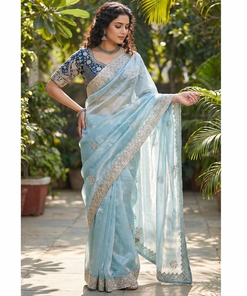 Women's skyblue satin silk partywear saree with unstitched blouse