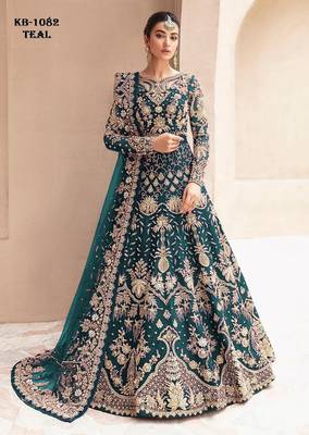 Teal net semi stitched anarkali suit with embroidery & stone work 1