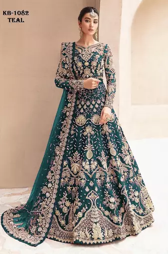 Teal net semi stitched anarkali suit with embroidery & stone work