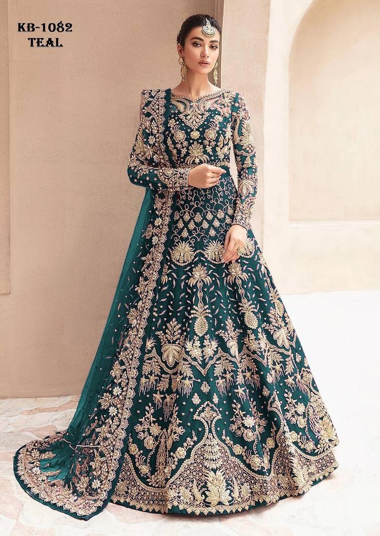 Teal net semi stitched anarkali suit with embroidery & stone work
