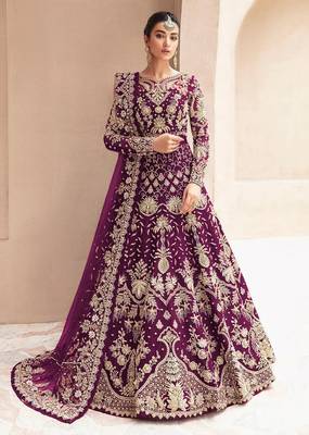 Wine net semi stitched anarkali suit with embroidery & stone work 1