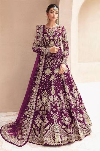 Wine net semi stitched anarkali suit with embroidery & stone work