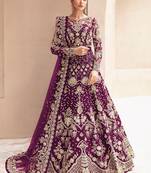 Wine net semi stitched anarkali suit with embroidery & stone work