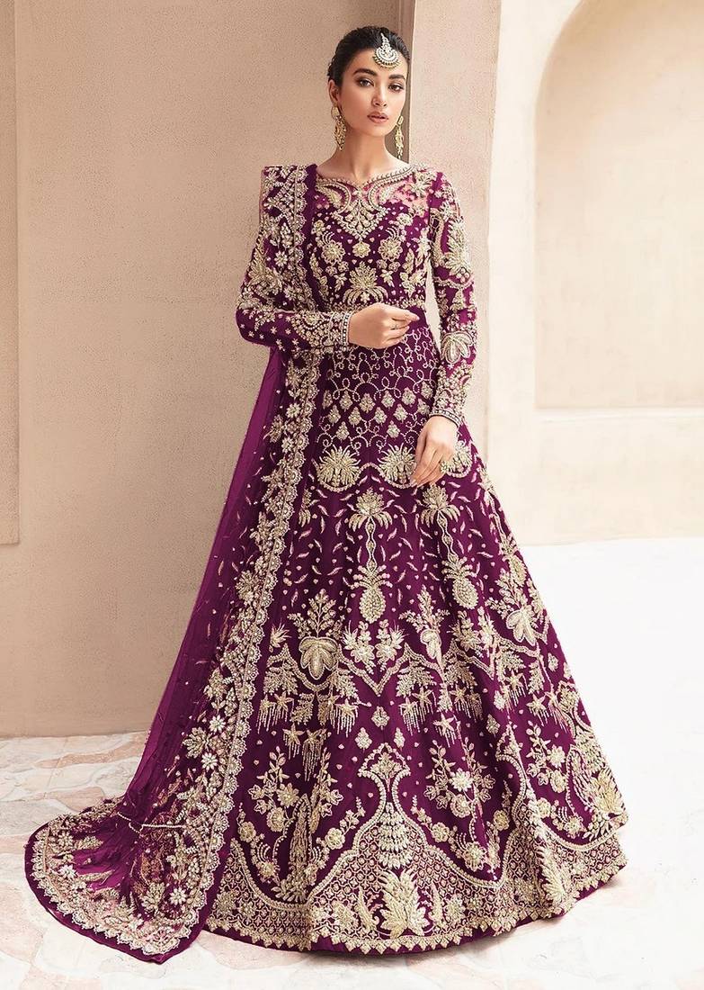 Wine net semi stitched anarkali suit with embroidery & stone work