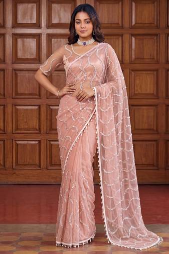 Women's rust net partywear saree with unstitched blouse