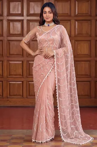 women's rust net partywear saree with unstitched blouse