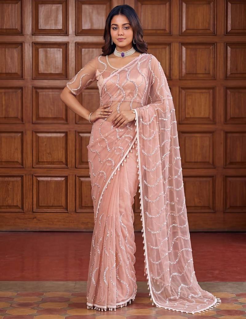 Women's rust net partywear saree with unstitched blouse
