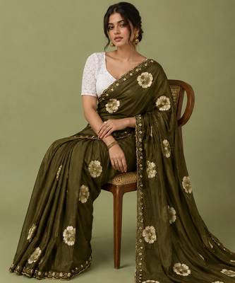 Mehndi floral chiffon ethnic saree 4