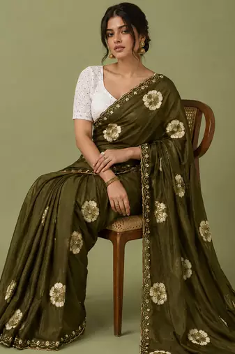 Mehndi floral chiffon ethnic saree