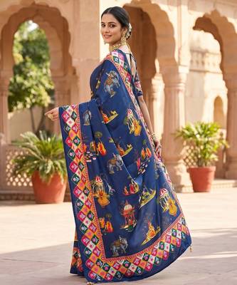 Women's blue chinnon partywear saree with unstitched blouse 2