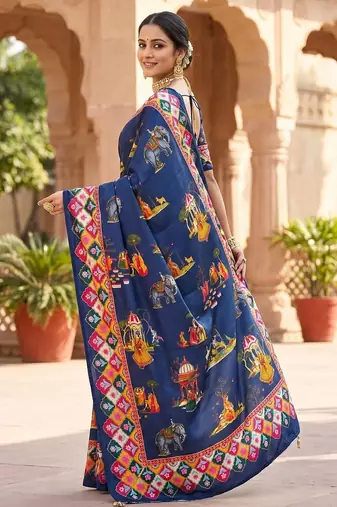 Women's blue chinnon partywear saree with unstitched blouse