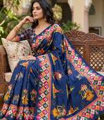 Women's blue chinnon partywear saree with unstitched blouse