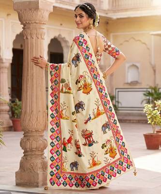 Women's cream chinnon partywear saree with unstitched blouse 1
