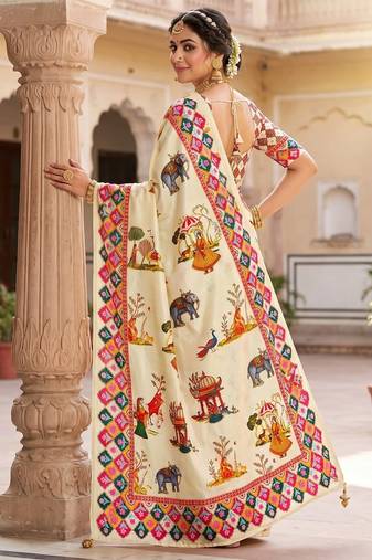 Women's cream chinnon partywear saree with unstitched blouse