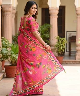Women's rani chinnon partywear saree with unstitched blouse 2