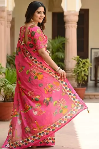 Women's rani chinnon partywear saree with unstitched blouse