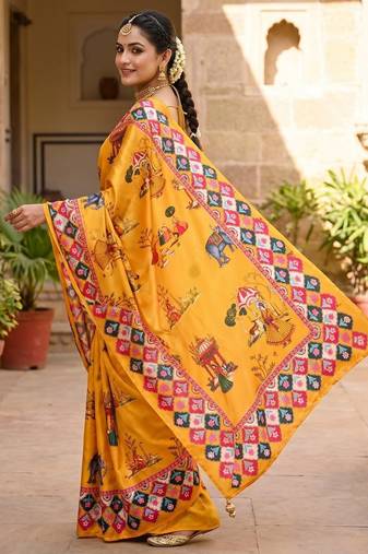 Women's yellow chinnon partywear saree with unstitched blouse