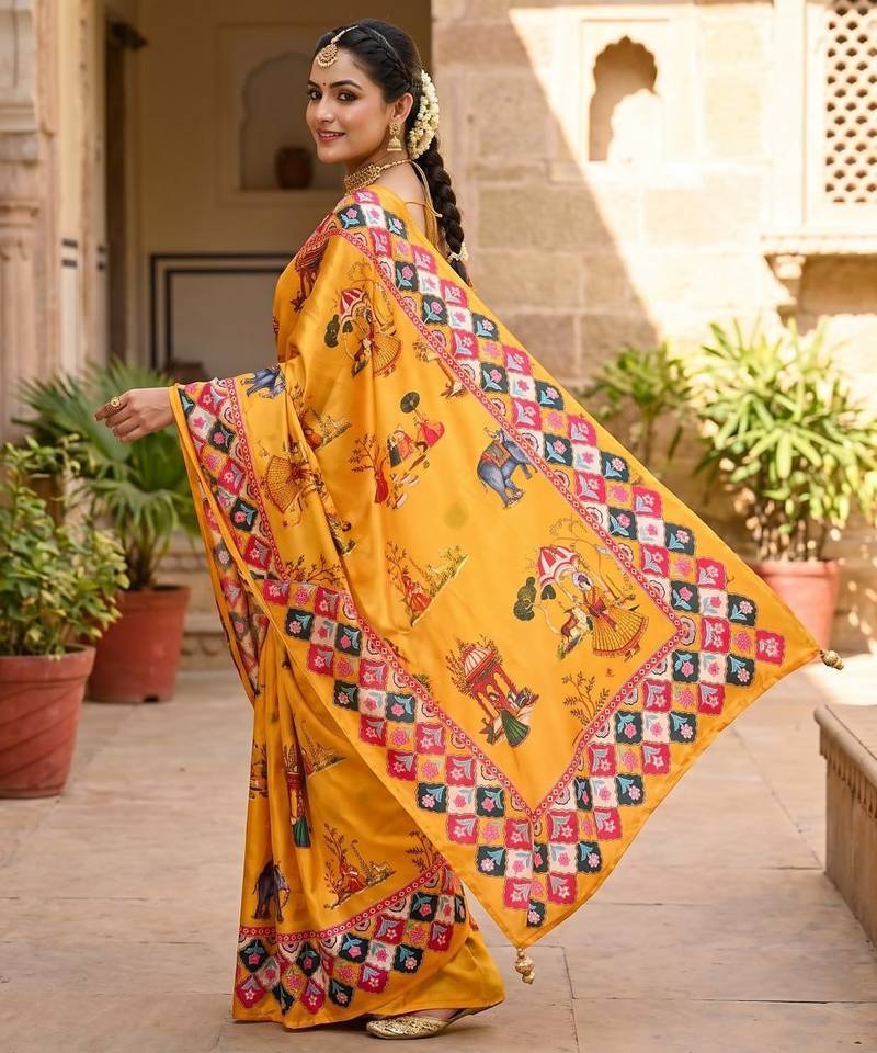 Women's yellow chinnon partywear saree with unstitched blouse