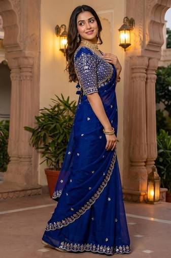 women's blue silk blend partywear saree with unstitched blouse