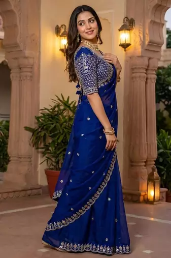 women's blue silk blend partywear saree with unstitched blouse