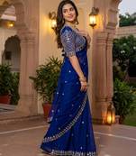 Women's blue silk partywear saree with unstitched blouse