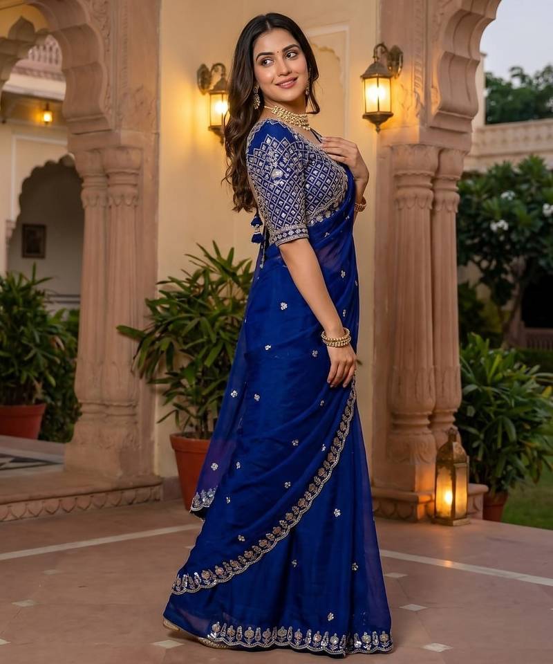 Women's blue silk partywear saree with unstitched blouse