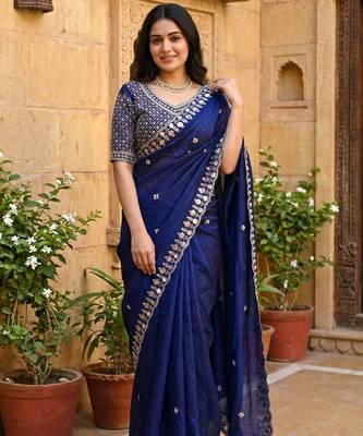 Women's blue silk partywear saree with unstitched blouse 2