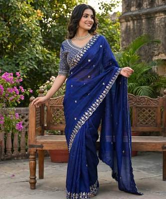 Women's blue silk partywear saree with unstitched blouse 3