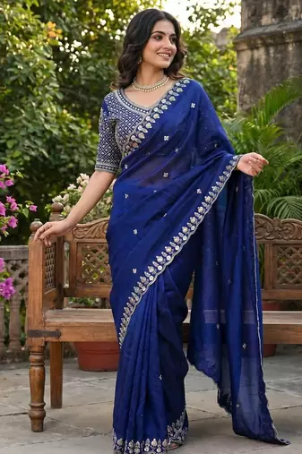 women's blue silk blend partywear saree with unstitched blouse