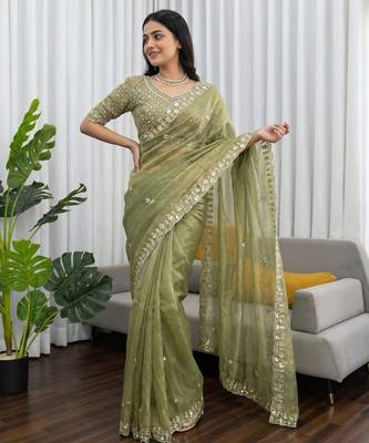 Women's pista silk partywear saree with unstitched blouse 1