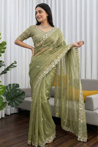 women's pista silk blend partywear saree with unstitched blouse